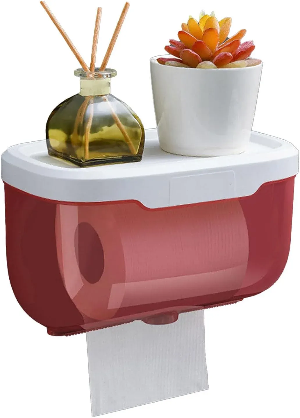 Enclosed Toilet Paper Holder with Cover, Wall Mounted Clear Plastic Roll Protector for Bathroom, Holds Phone and Wipes, Pink