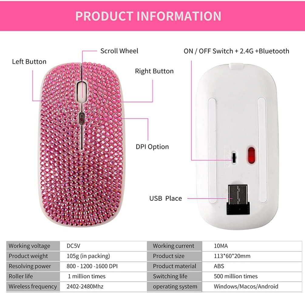 Mouse, 2. 4GHz Rechargeable Mouse Bling Dazzling Diamond Mouse Computer Mice, Compatible with Computer, PC, Laptop, Pink