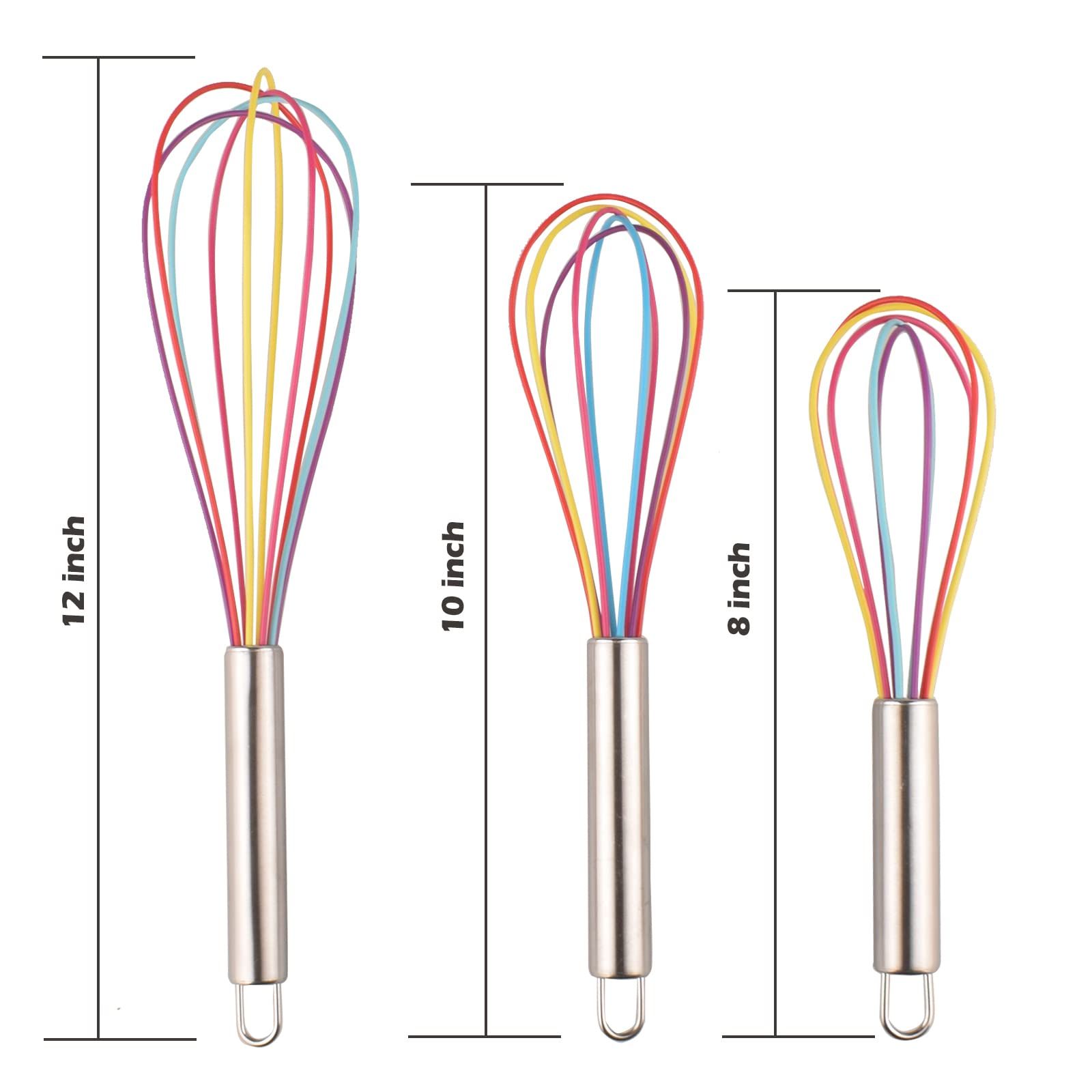 Set Handle Stainless Steel Silicone Non-Stick Balloon Wire Whisk for Egg Beater Stirring Blending and Whisking (3 Pack, 8" 10" 12")