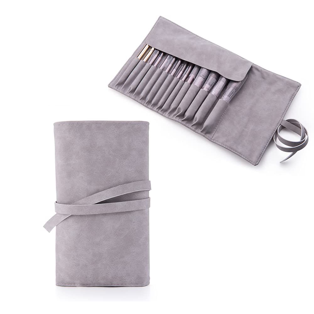 14 Pockets Makeup Brush Travel Rolling Case Gray Waterproof Cosmetic Travel Bag Brushes Pouch Holder, NO BRUSHES.