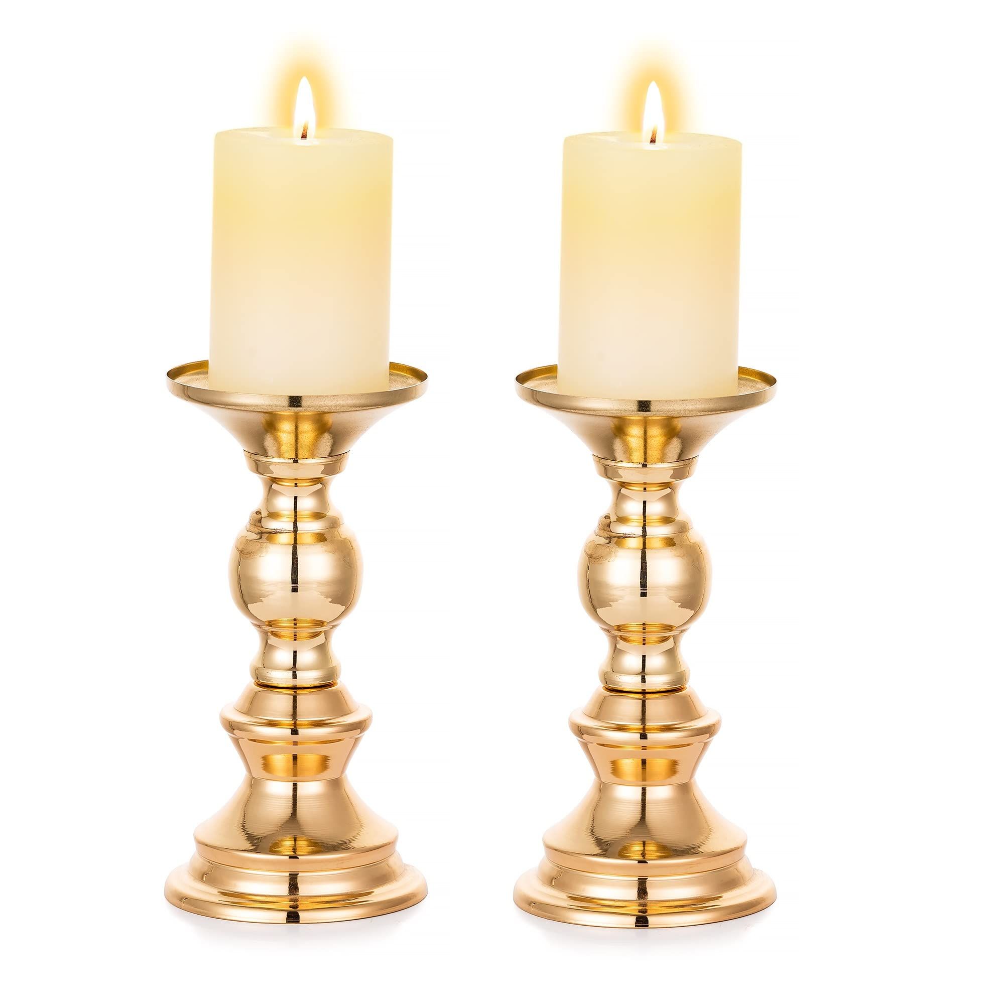 2 Pieces Wedding Gold Pillar Candle Holders Metal Candlestick Holder Tall Candle Stands for Pillar Candles Gold Pillar Candlesticks