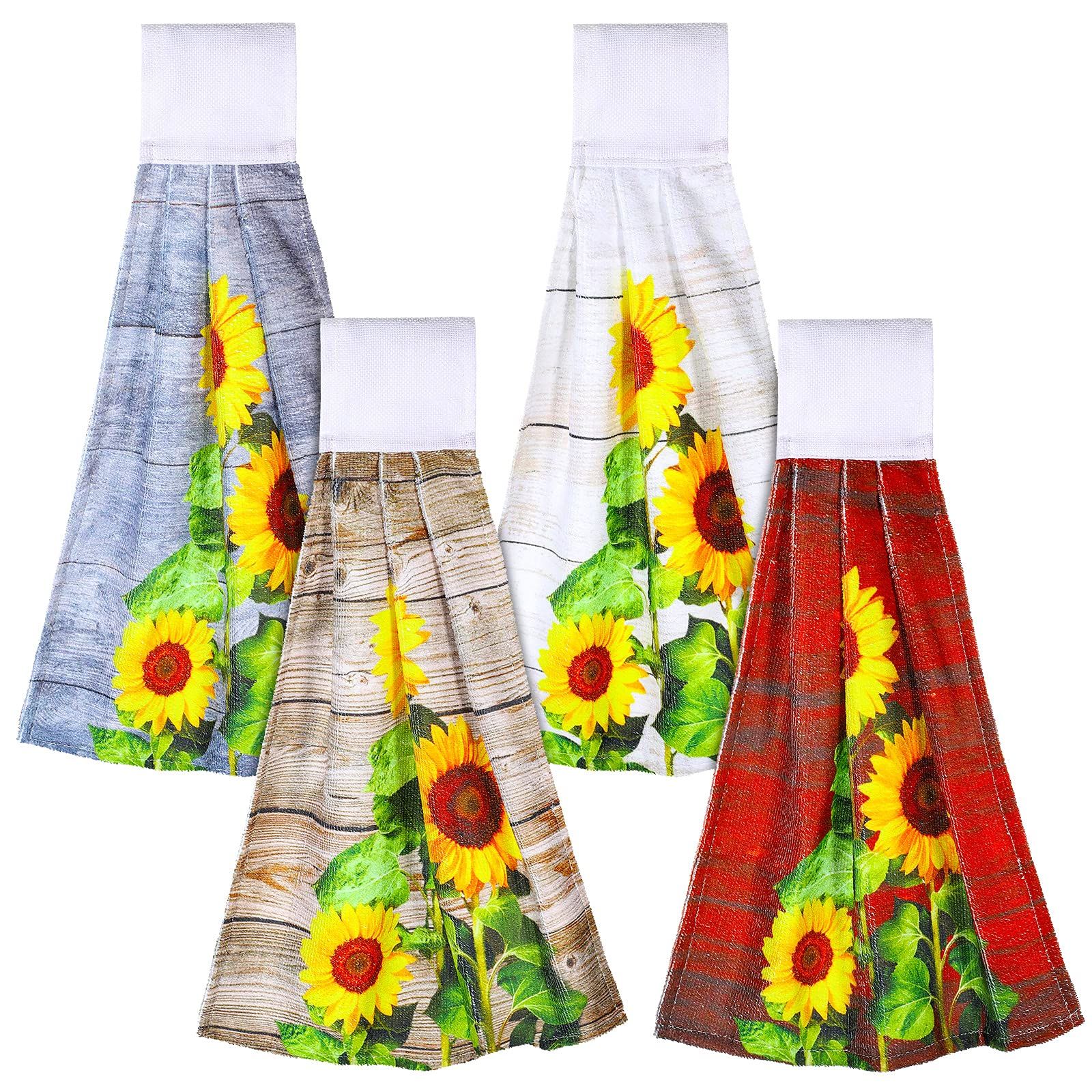 4 Pieces Vintage Sunflowers Hanging Kitchen Towel On Farmhouse Decor Varicolored Wooden Board Soft Hand Towels
