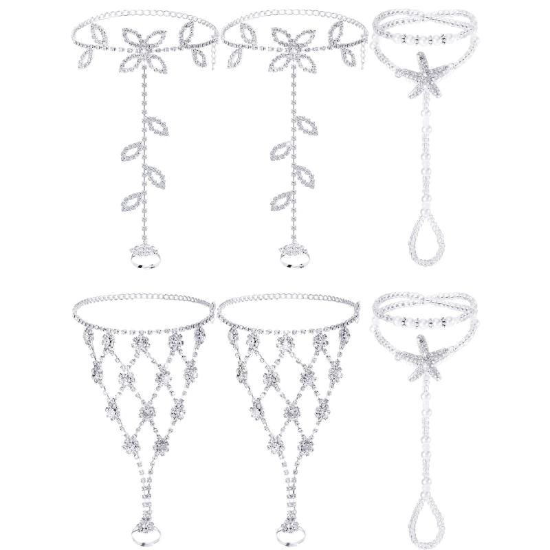 6 Pieces Foot Jewelry Barefoot Sandals for Women Rhinestone Anklets Bohemian Foot Chain for Beach Wedding Valentine's Day