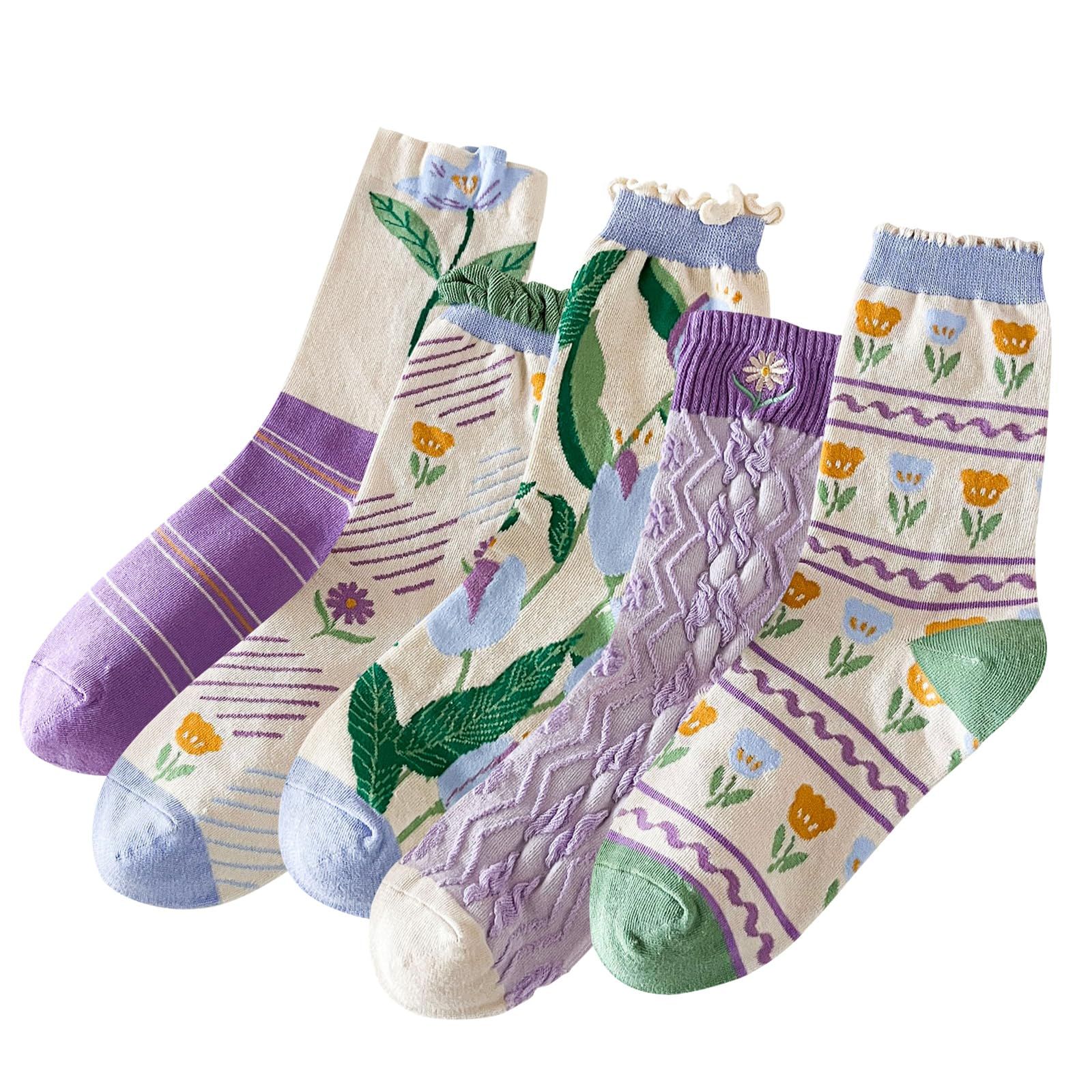 5 Pairs Womens Vintage Floral Cotton Socks Novelty Patterned Dress Socks Ladies Embroidered Casual Crew Ankle Socks