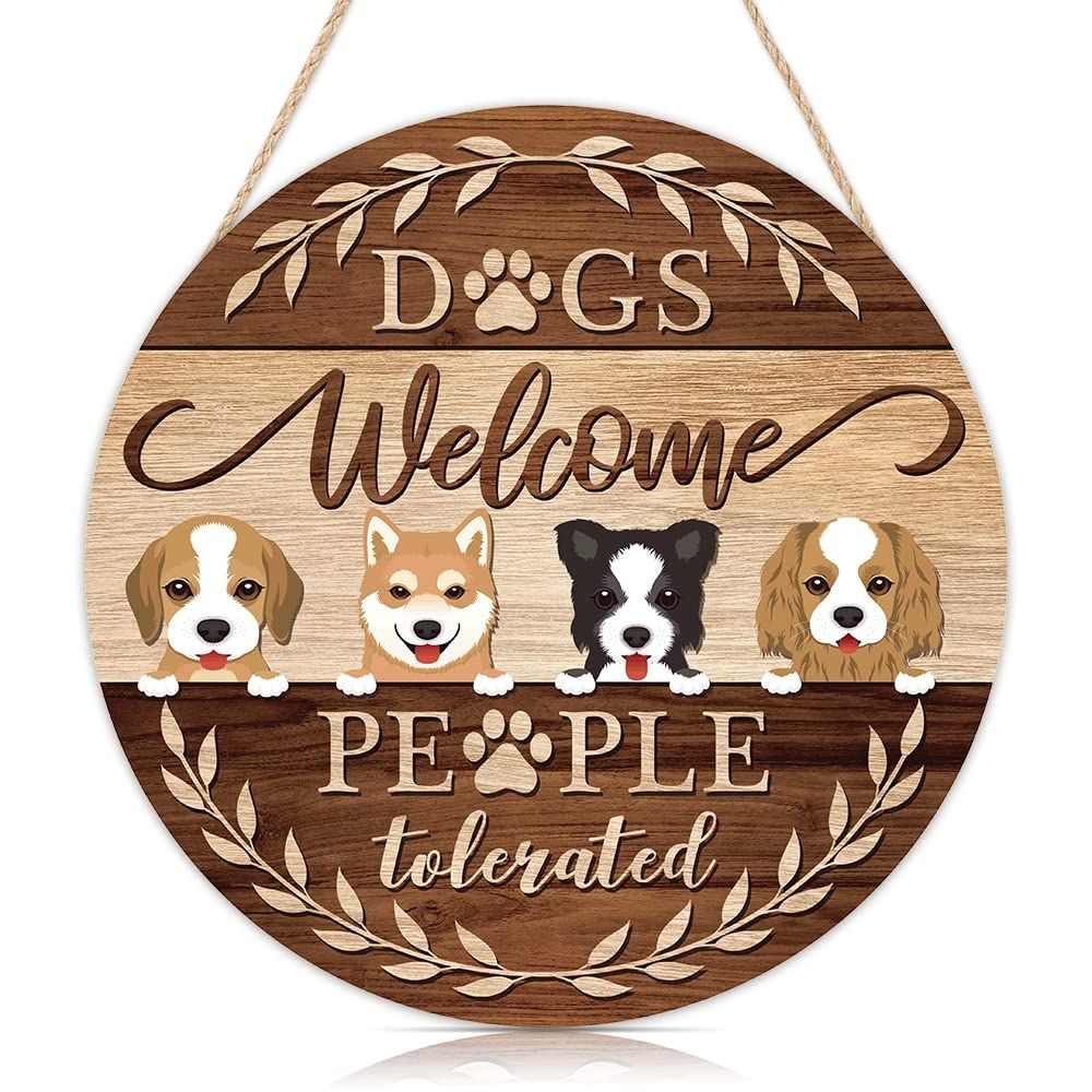Funny Welcome Front Door Dog Pet Sign, Farmhouse Adorable Cartoon Dog Door Decoration, Dogs Welcome People Tolerated Sign Hanging