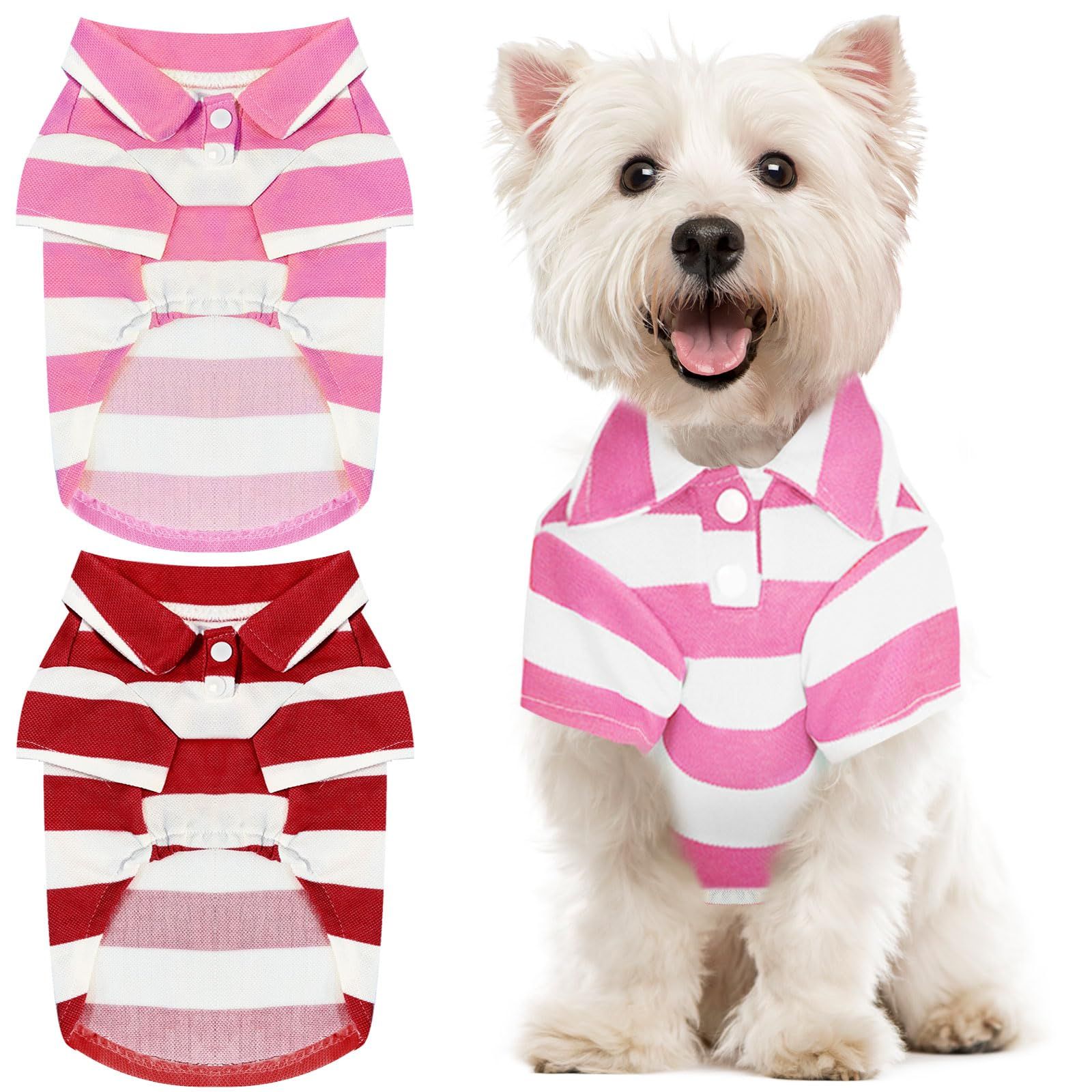 2 Pieces Stripe Dog Shirts Breathable T-Shirts for Small Dogs Cats Girl Boy Puppy Sweatshirt for Poodle Teacup （Pink+Red,Medium）