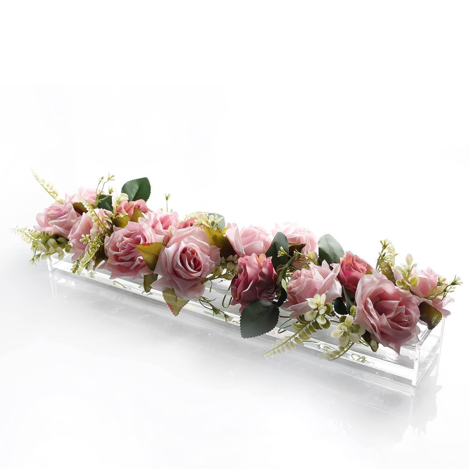 Clear Acrylic Flower Vase with Holes & LED Light for Flowers, Rectangular Acrylic Floral Table Centerpiece Vases for Dining Table