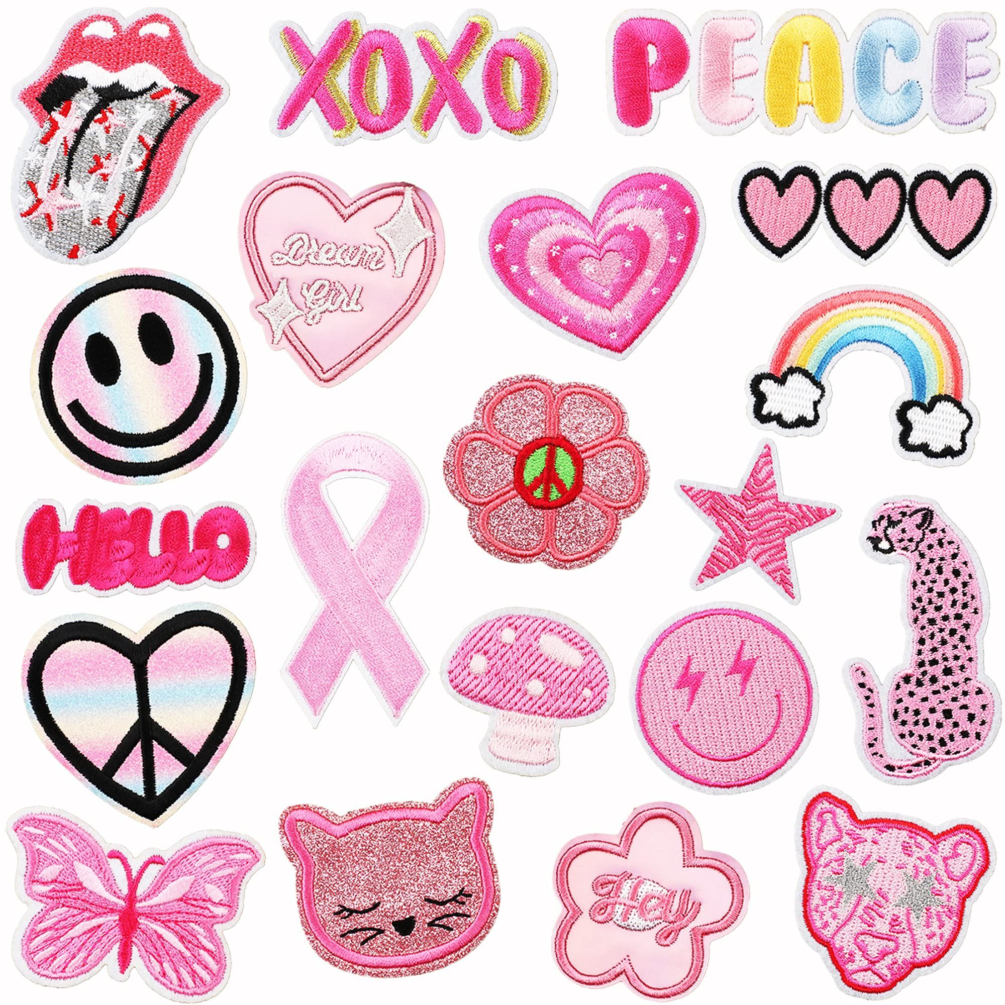 20 Pieces Pink Embroidered On Patches DIY Accessories, Bright Colors Cute Iron On Patch Applique for Clothes, Jeans, Bag, Backpack