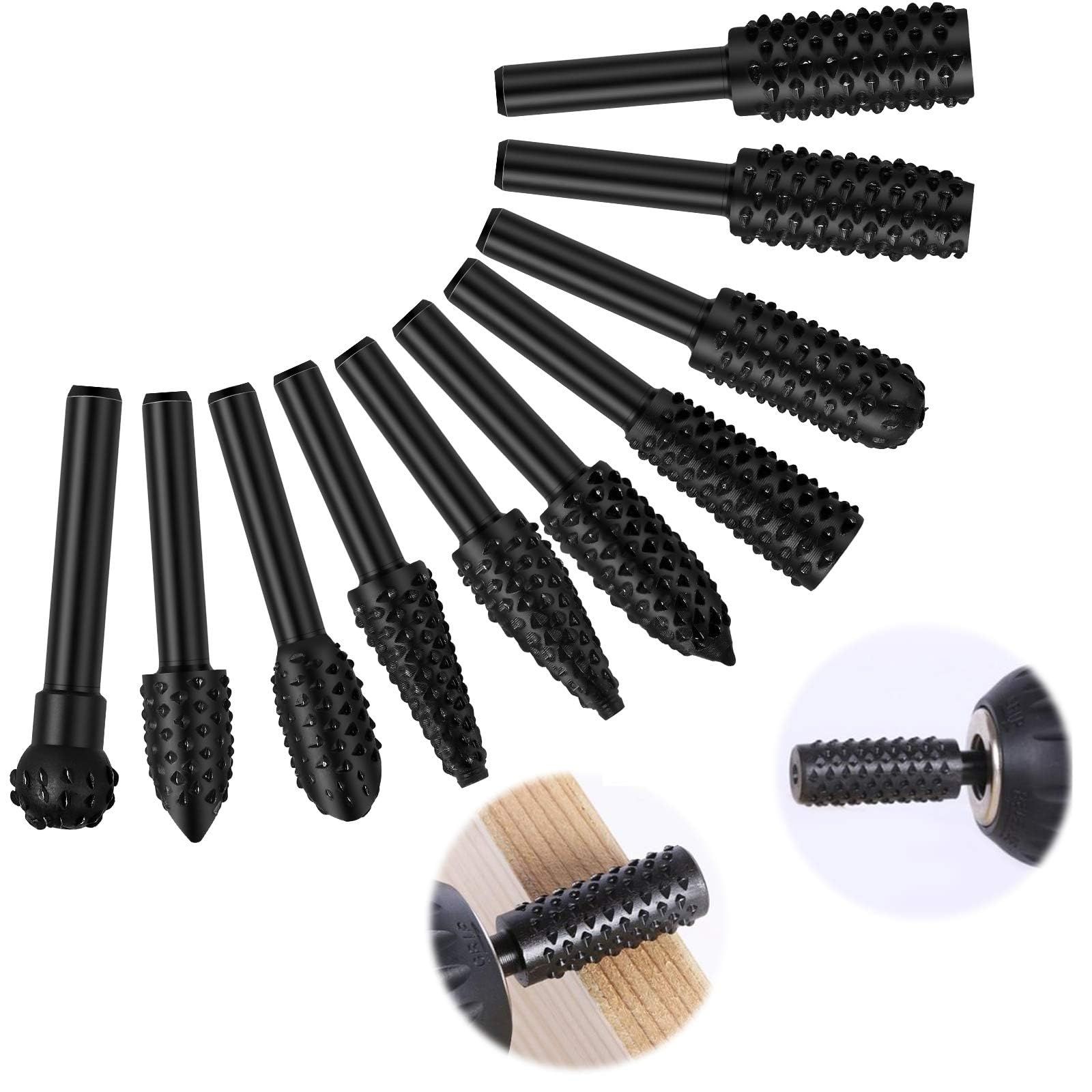 10PCS，Wood Carving Rasp File Drill Bit, 1/4inch Shank Rotary Burr Power Carving Tools for Wood Engraving Grinding