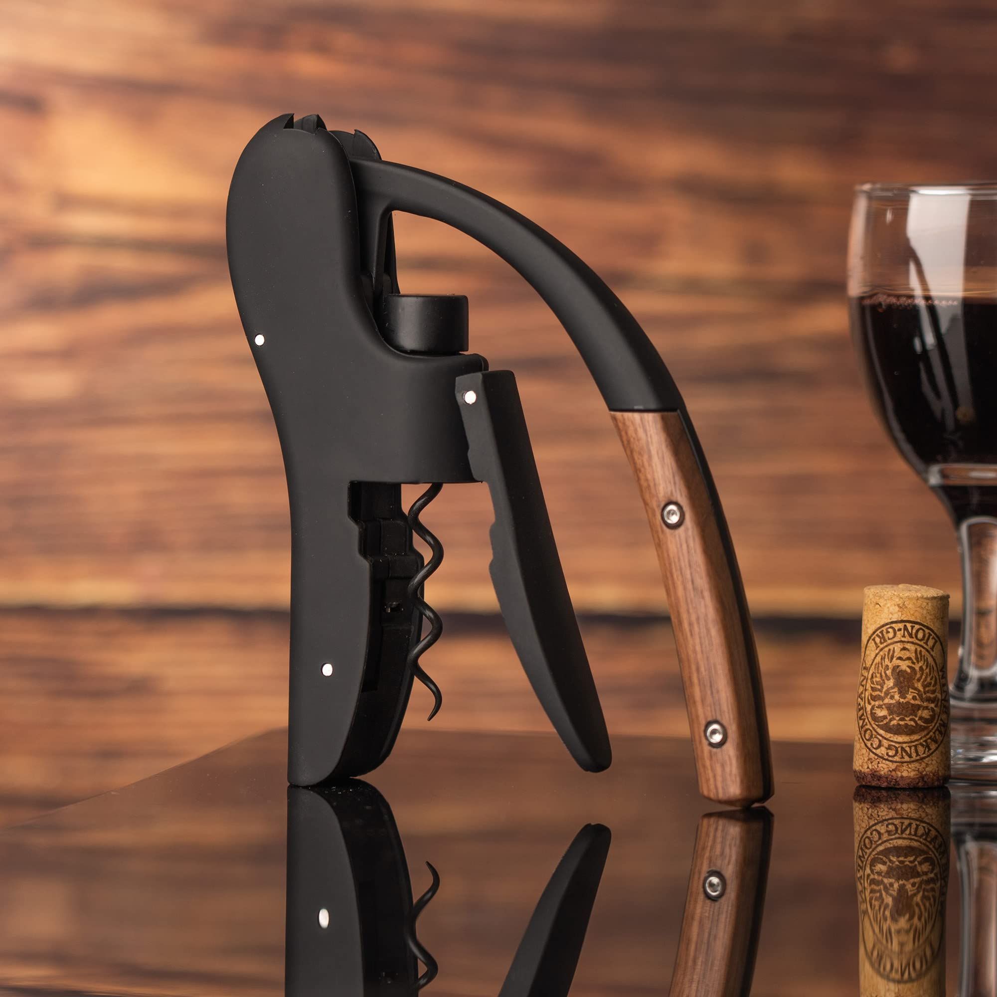 Wine Opener,Compact Vertical Corkscrew Wine Bottle Opener with Wood Handle and Built-in Foil Cutter,Wine Key for Servers