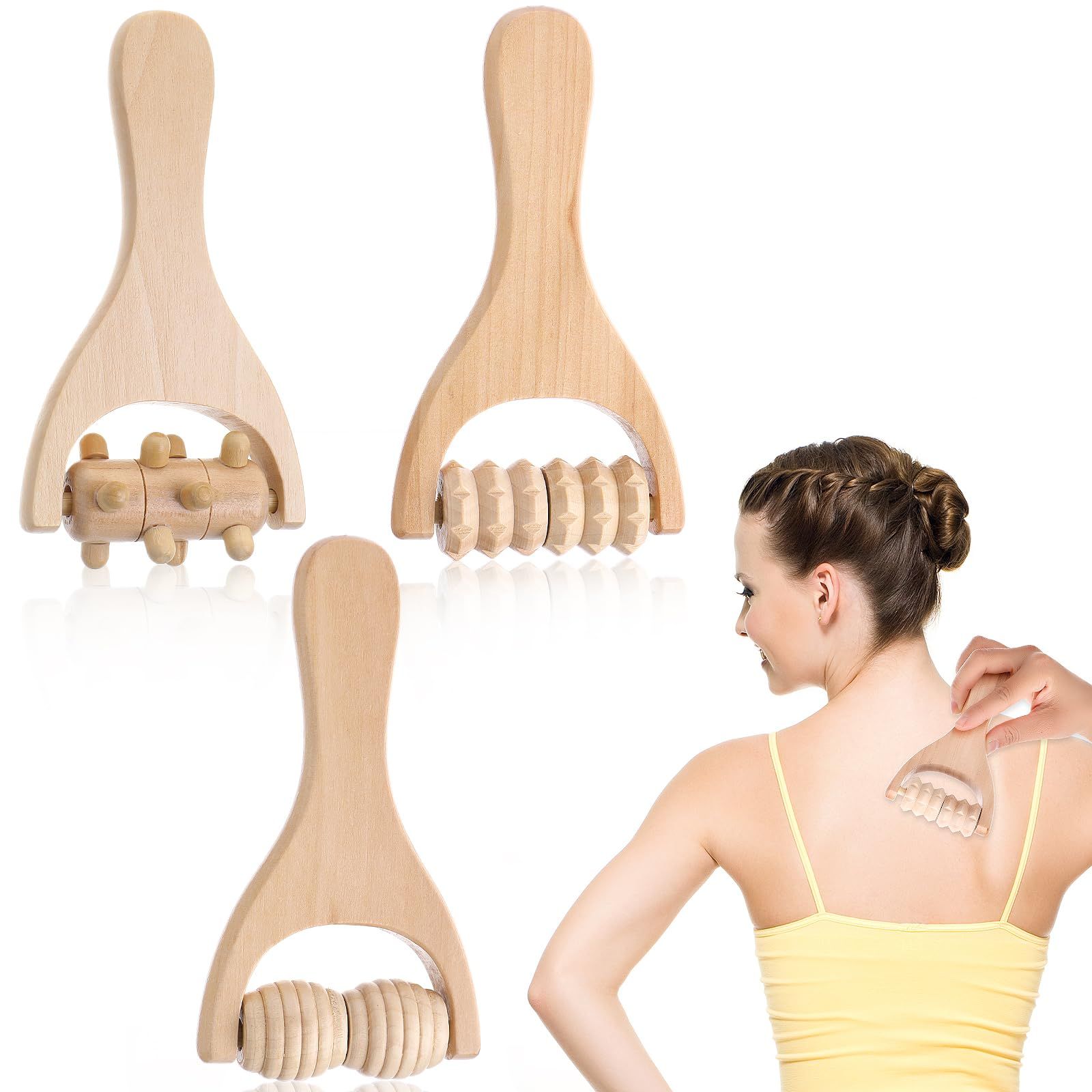 3Pcs Massage Tools Wooden Massage Rollers, Hand Massage Tools Manual Back Muscle Roller Stick for Relaxes Thigh,Full Body Muscle