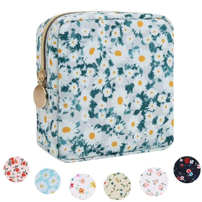 Floral Mini Makeup Bag Cosmetic Bags for Women and Girls, Aesthetic Makeup Organizer Bag Nylon Zipper Pouches(Green Floral)