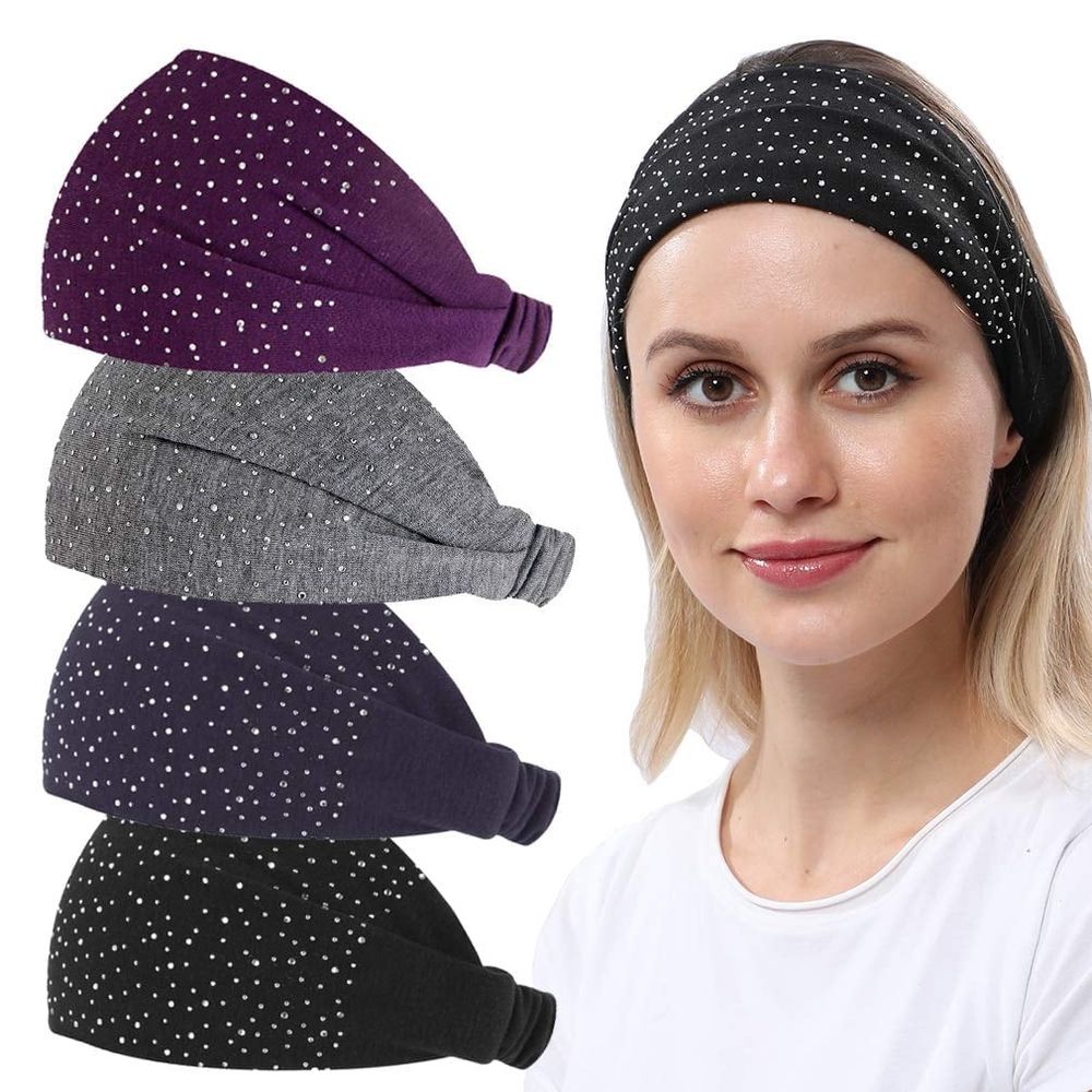 4 Pack Womens Yoga Headbands Head wraps Hair Bands for Women Teens, Elastic Wide Solid Head Bands Hair Wraps with Rhinestone, Workout Trendy Hair Accessories (2020 diamond design)