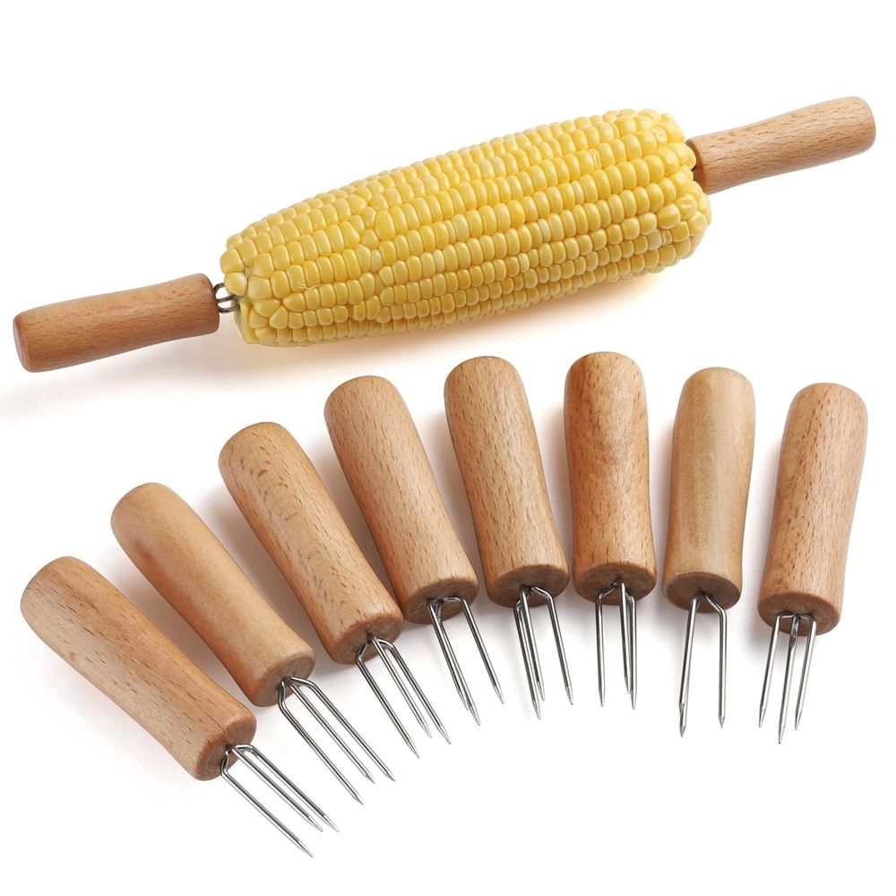 8Pcs Corn Holders, Stainless Steel BBQ Meat Fruit Forks Barbecue Corn Cob Holder with Wooden Handle for Home Cooking and BBQ