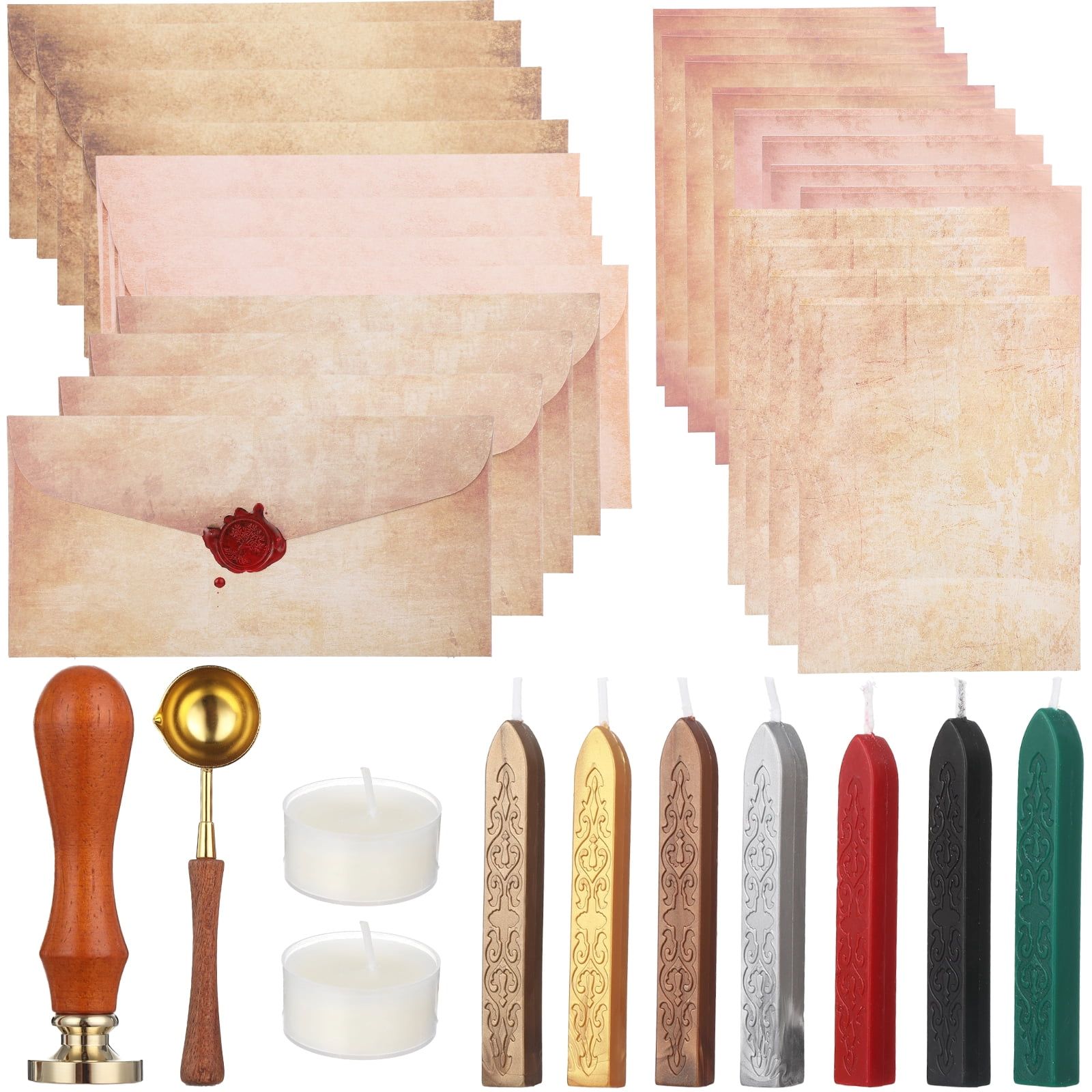 35PCS Vintage Writing Paper Envelope Set, Antique Style Stationery Kit with Wax Seal Stamp Sticks Spoon Tea Candles for Letters Wedding Festival Invitations Present Package DIY Crafts