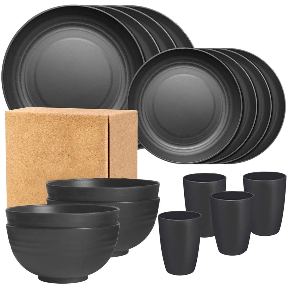 Plates and Bowls Sets, Unbreakable Dinnerware Sets, Dish Set for Camping, Outdoor Kitchen and Apartment Dorm Dinning Essentials (Black Set of 16)