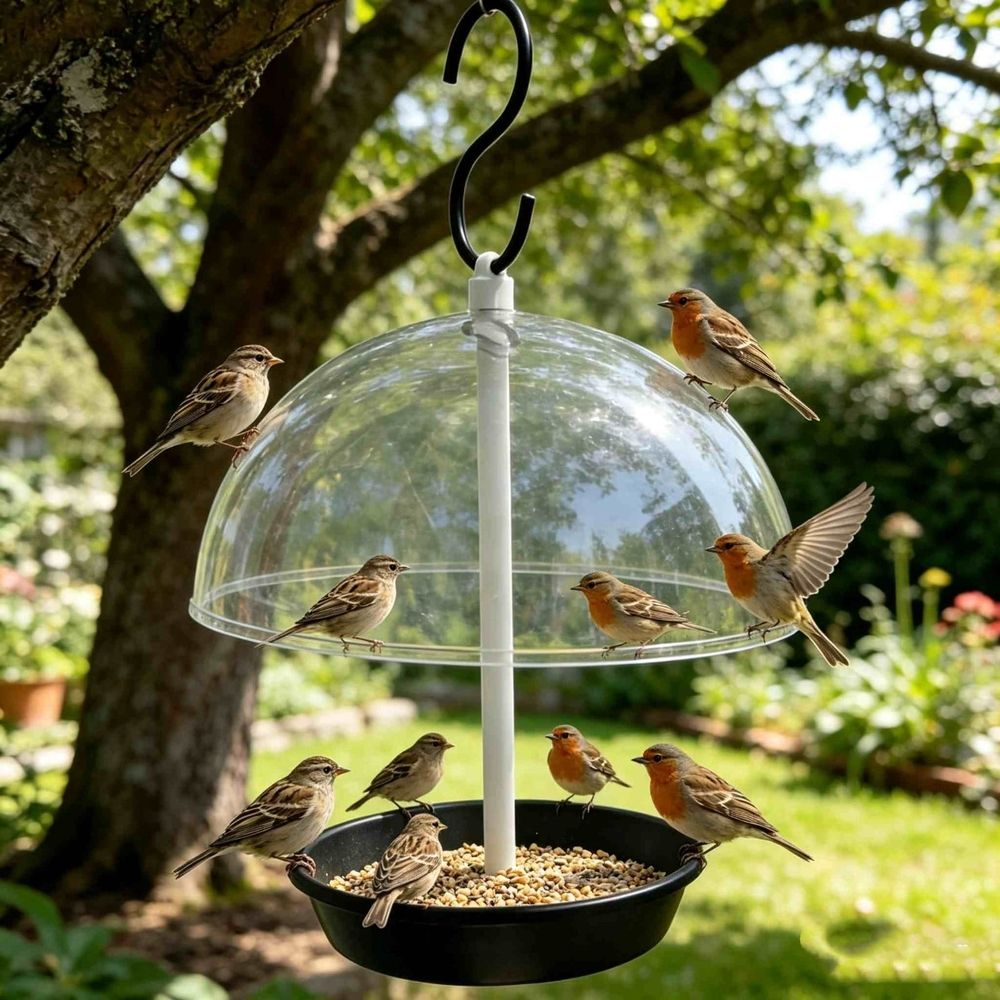 Rainproof Dome Bird Feeder, 9.45x6.1inch Hanging Wild Seed Tray with Drain Holes, Adjustable Height for Backyard & Garden Use