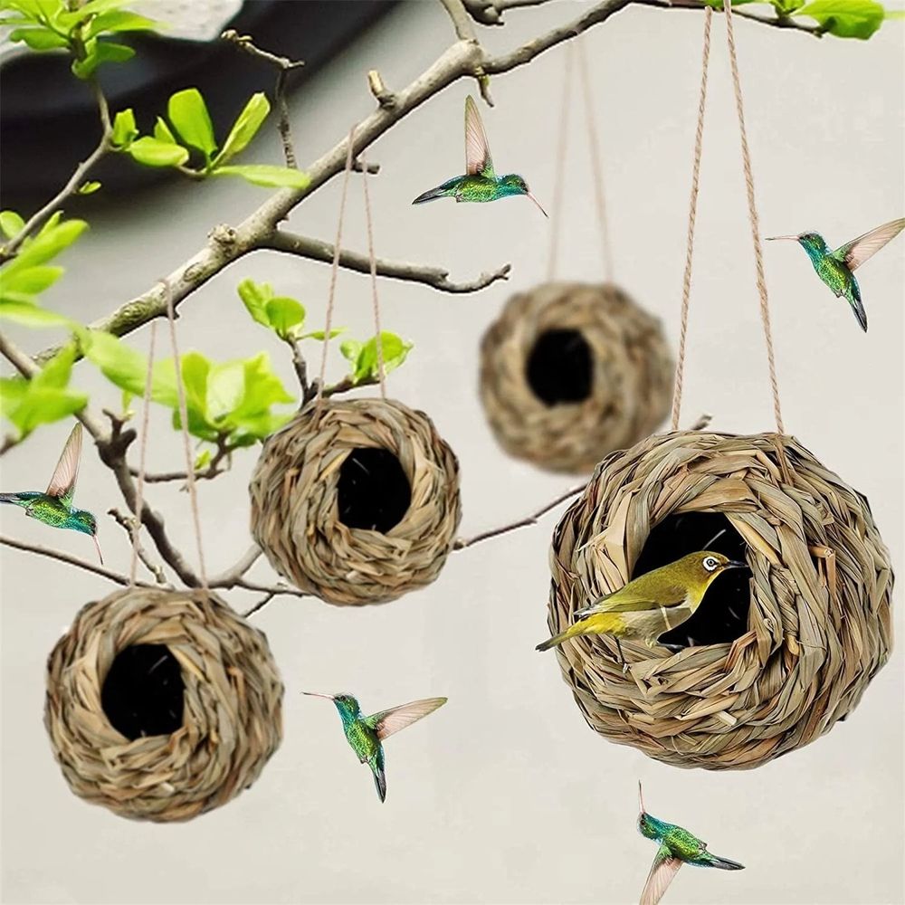 Hand Woven Hummingbird Nest, Natural Grass Hanging Bird House, Weatherproof Shelter for Outdoor Garden Yard Decoration, S:4.7x4.7in
