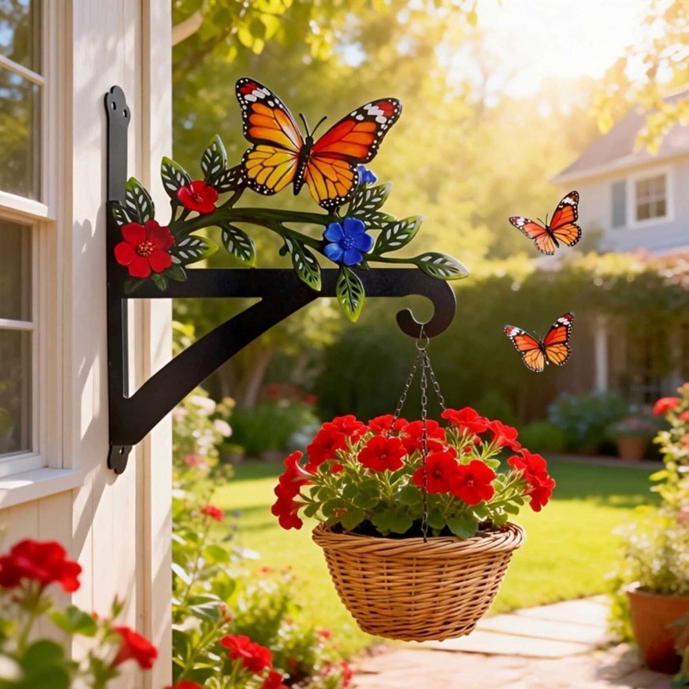 Plant Hangers Outdoor, Iron Garden Hook with Butterfly & Flower Design, Plant Hanger Bracket for Walls, Porches, Balconies, Rust-Proof & Waterproof