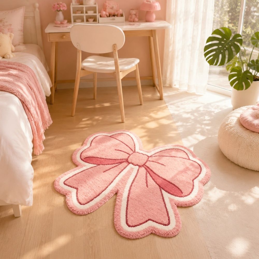 Bow Shaped Plush Floor Mat Non Slip Faux Fur Absorbent Soft Bedroom Rug Washable Window Decor Accent Mat