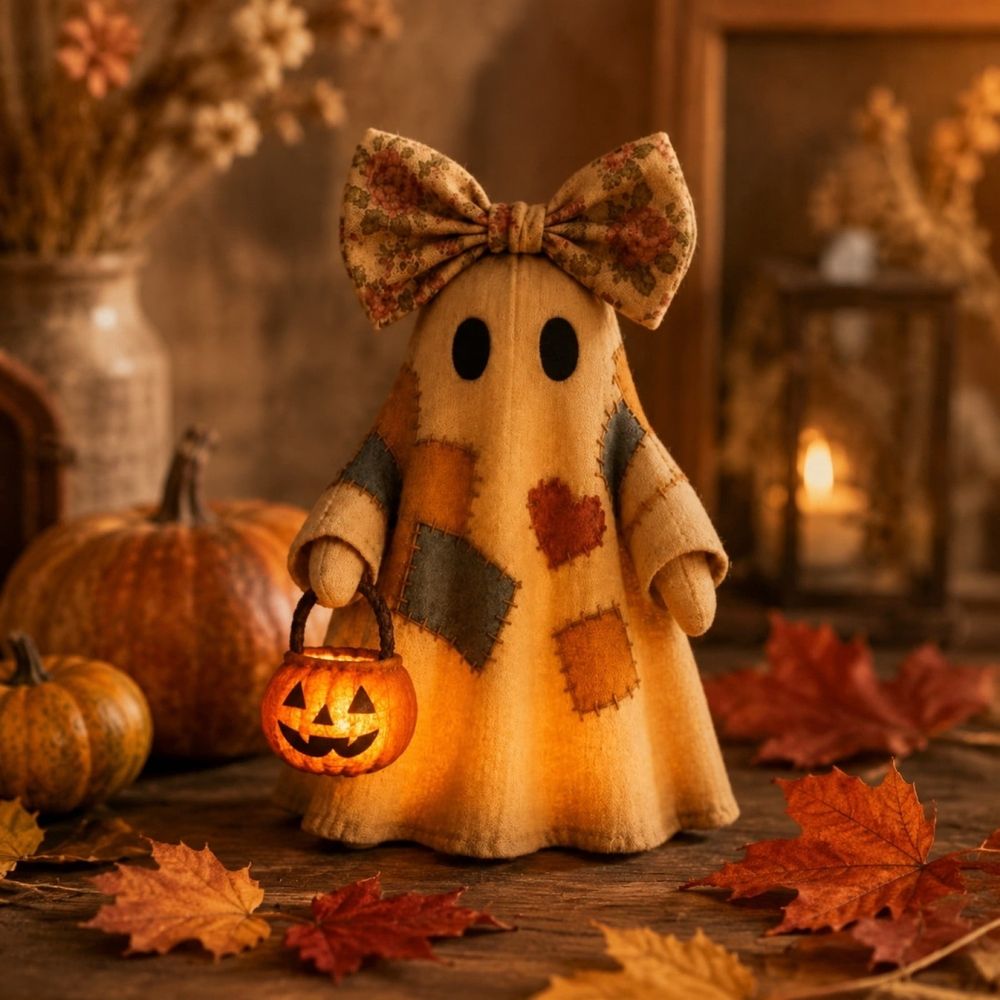 Vintage Patchwork Ghost with LED Pumpkin Lighted Halloween Ghost Decor for Mantels, Shelves & Entryways