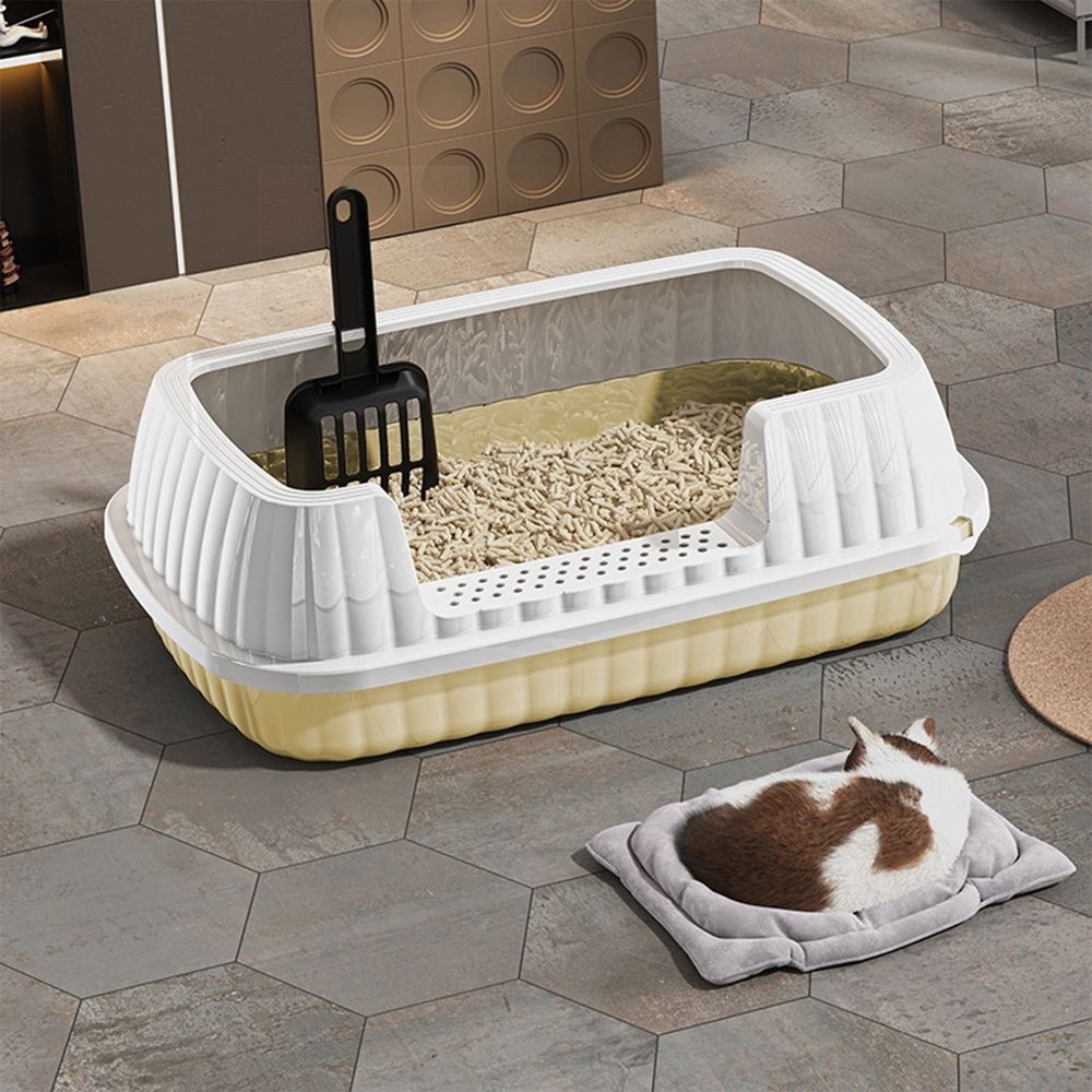 Open Cat Bedpan with Spoon,Shallow Splash Proof Travel Litter Box with Sand Drop Pedal High Side Low Entrance Cat Toilet Semi-Enclosed Adjustable for Kittens Elderly Cats Disabled Cats