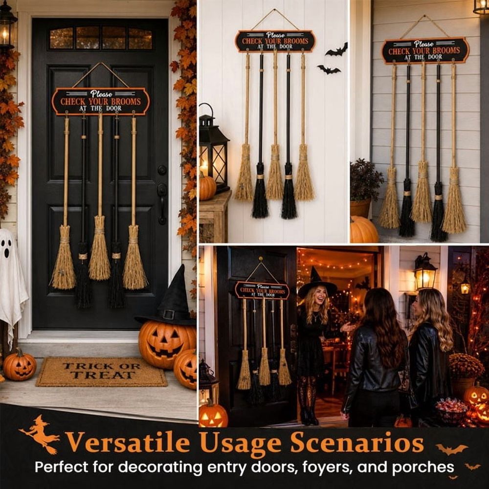Broom Parking Sign with 3 Witch Brooms – Halloween Decorations Wooden Sign Porch Decor for Indoor Outdoor Door Home Wall Halloween Party