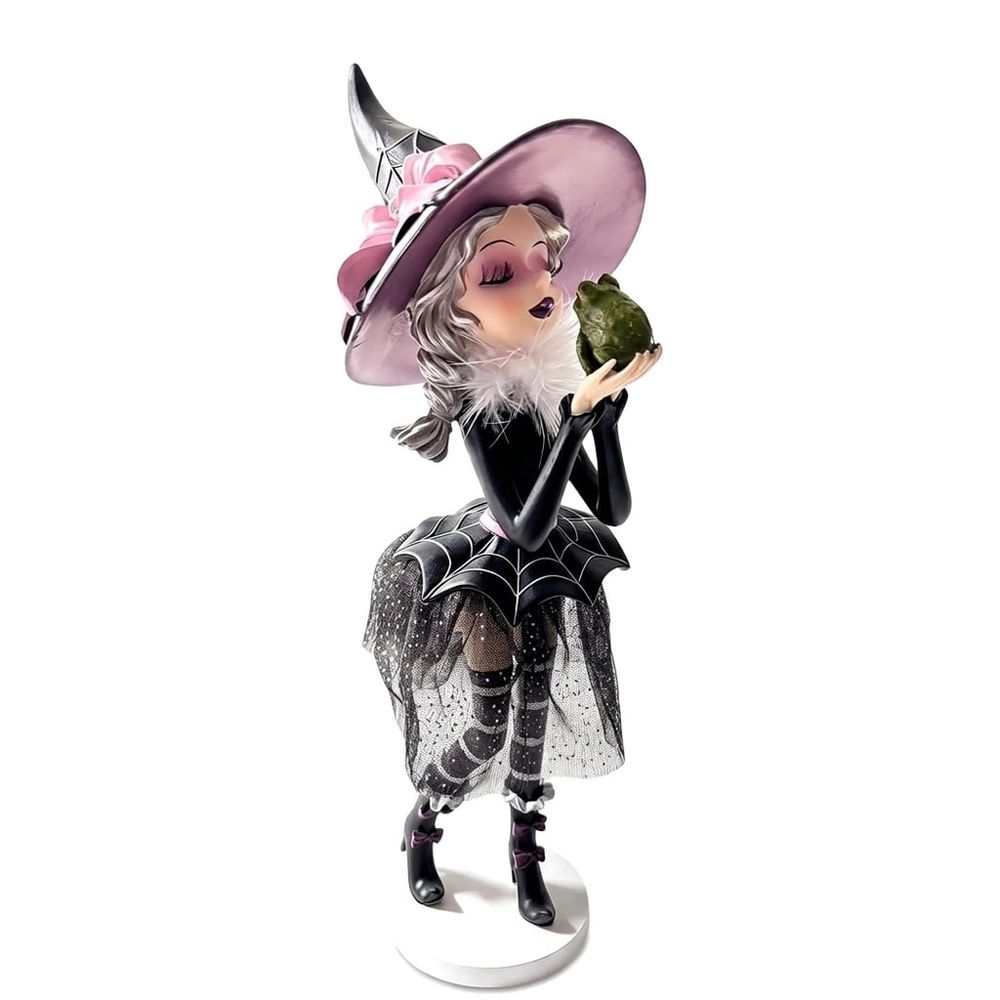 Halloween Witch Kissing Frog Statue, 7.9 Inch Resin Gothic Fantasy Figurine with Glitter Tulle Skirt, Spider Web Dress and Witch Hat, Tabletop Home Decor Accent