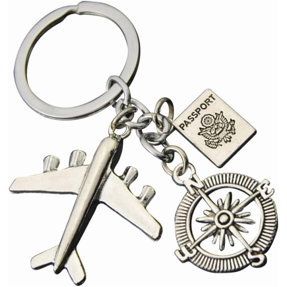 Airplane Compass Keychain Alloy Pendant 2pcs, Creative Fashion Key Ring, Silver Finish, Car Key Decoration for Family and Friends