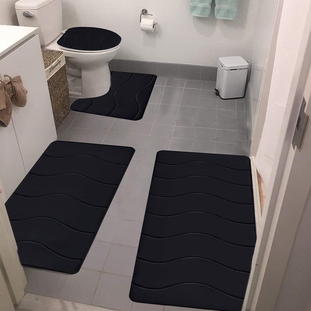 Bathroom Rugs Set 4 Piece, Memory Foam Bath Mat Set, Machine Wash Toilet Rug Set, Strong Water Absorbent Non-Slip Ultra Soft Easy to Clean, Bath Rug Set for Tub Toilet and Floor, Black