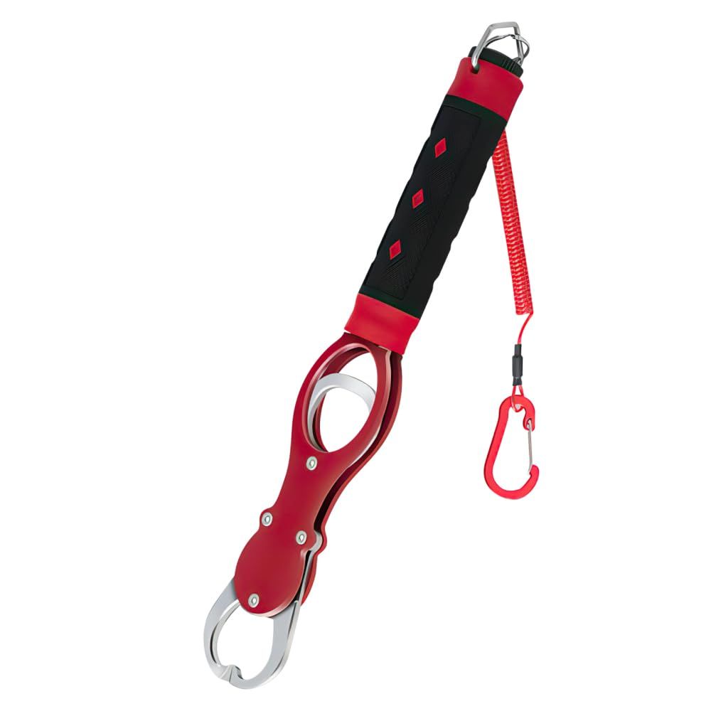 Aluminum Alloy Fish Lip Gripper with Scale - Saltwater Fishing Grabber Tool, 360° Swivel Non-Slip Handle, Corrosion-Resistant Fish Holder for Caught Fish, Fish Control Tackle（red）