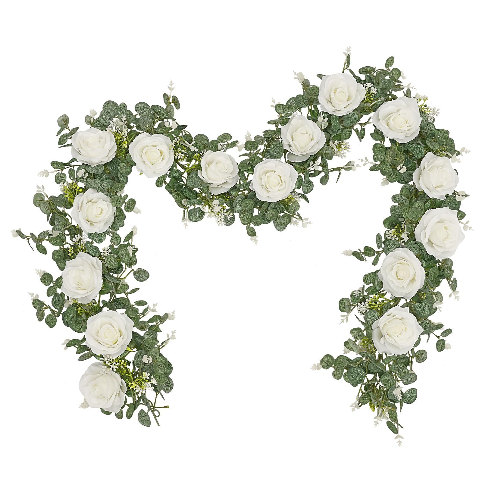 2 Packs 175cn Eucalyptus Garland with Flowers - 6White Roses, Artificial Flower Fake Rose Vine Faux Greenery for Wedding Backdrop Arch Table Wall Party Home Decor, Grey Green