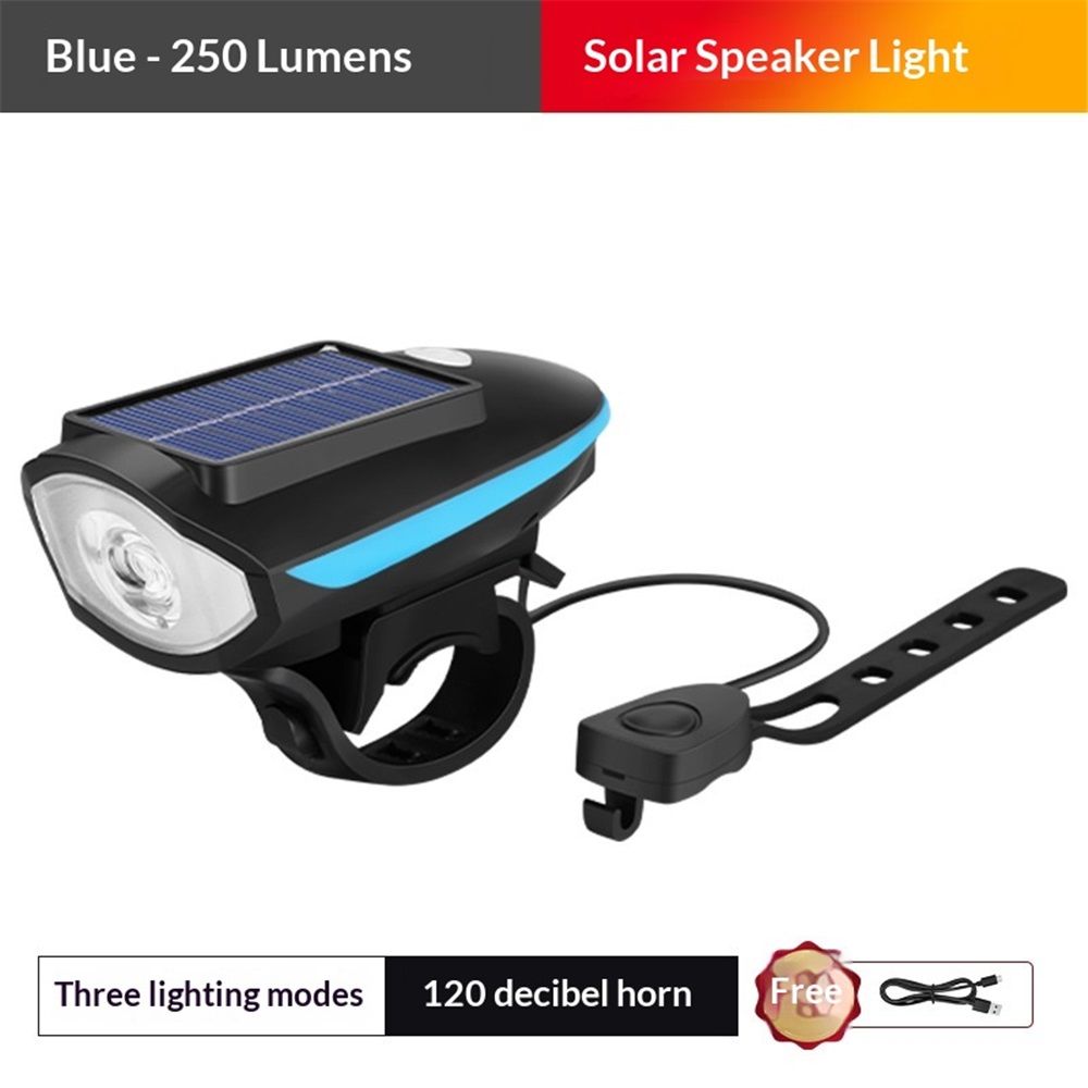 Multi-Functional Solar-Powered and USB Rechargeable Mountain Bike Night Cycling High Brightness Bike Front Light and 120dB Horn Bicycle Charging Light
