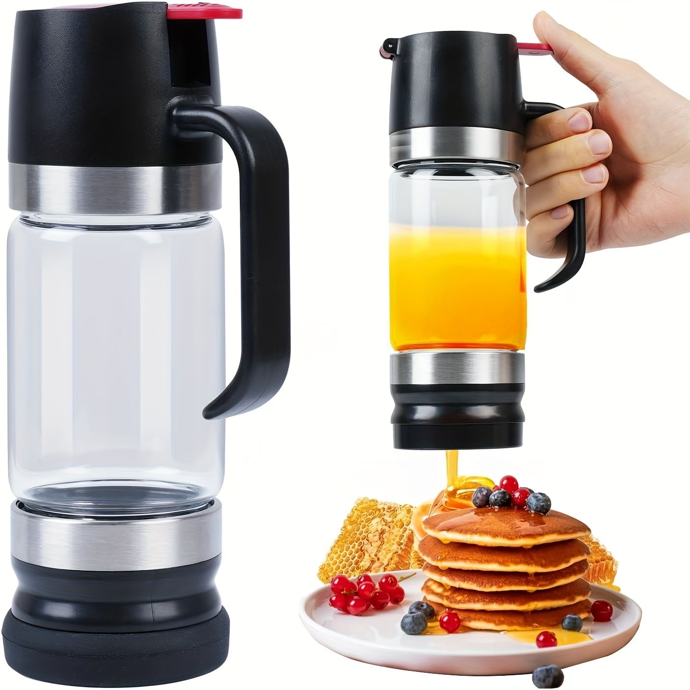 Glass Honey Dispenser, 12Oz Oil Container, Seasoning Jar with Handle, Syrup Dispenser for Coffee Or Tea Black