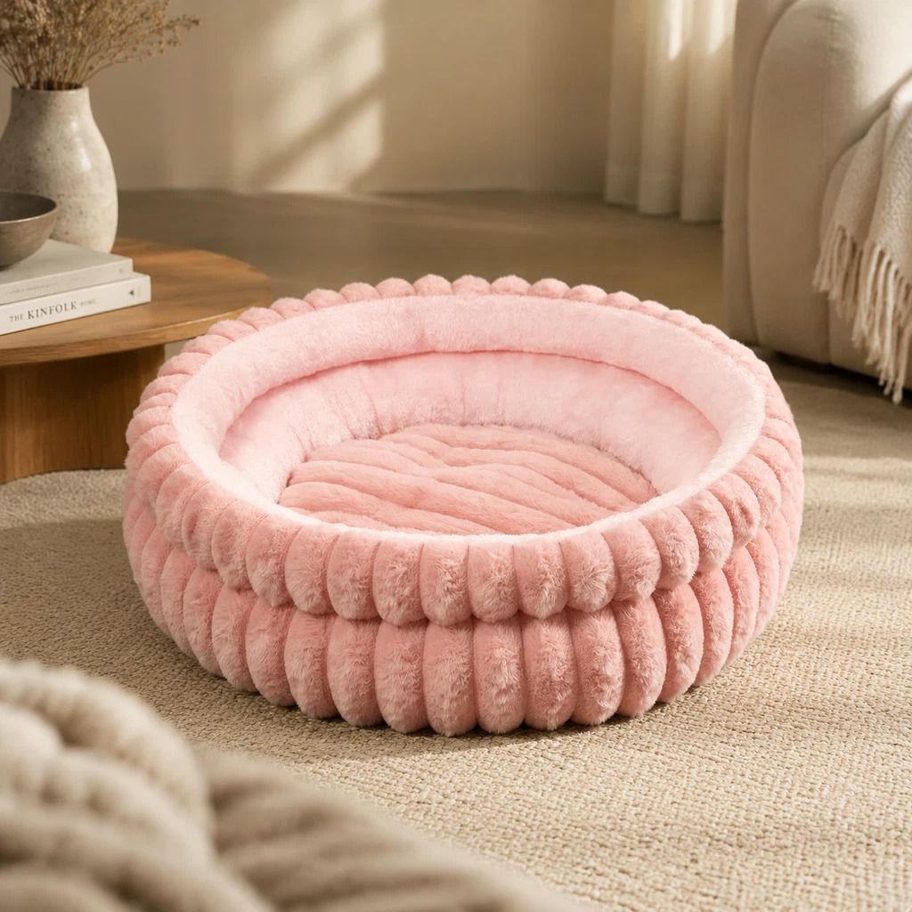 Plush Round Bed - Pink, Size S: 40×40×15cm