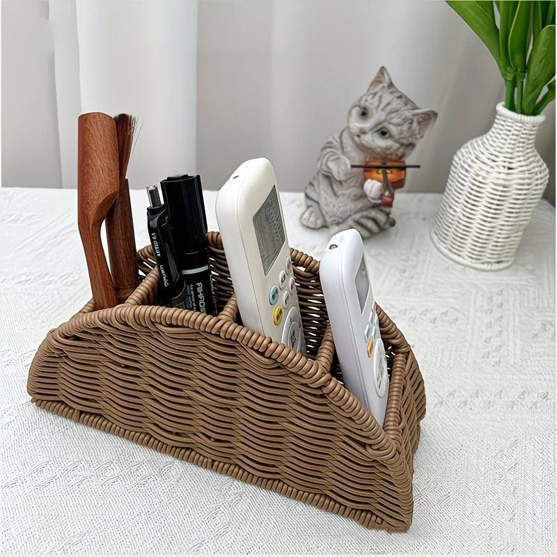Handwoven Remote Control Storage Box, eco-friendly material, large capacity for categorized storage, fits coffee tables and desktops, easily eliminates clutter, adding a natural and warm touch to your home.(dull grey)
