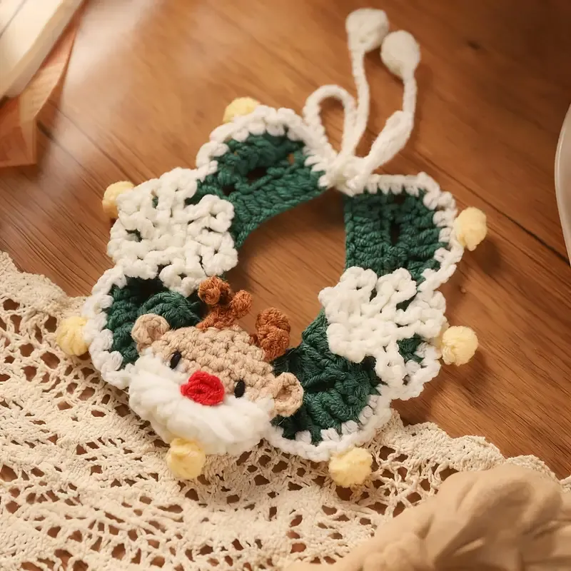 Handmade Yarn Pet Neckerchief, Christmas Photo Must-Have, Comfortable, Breathable & Adjustable. Reindeer Crochet Neckerchief: Size L