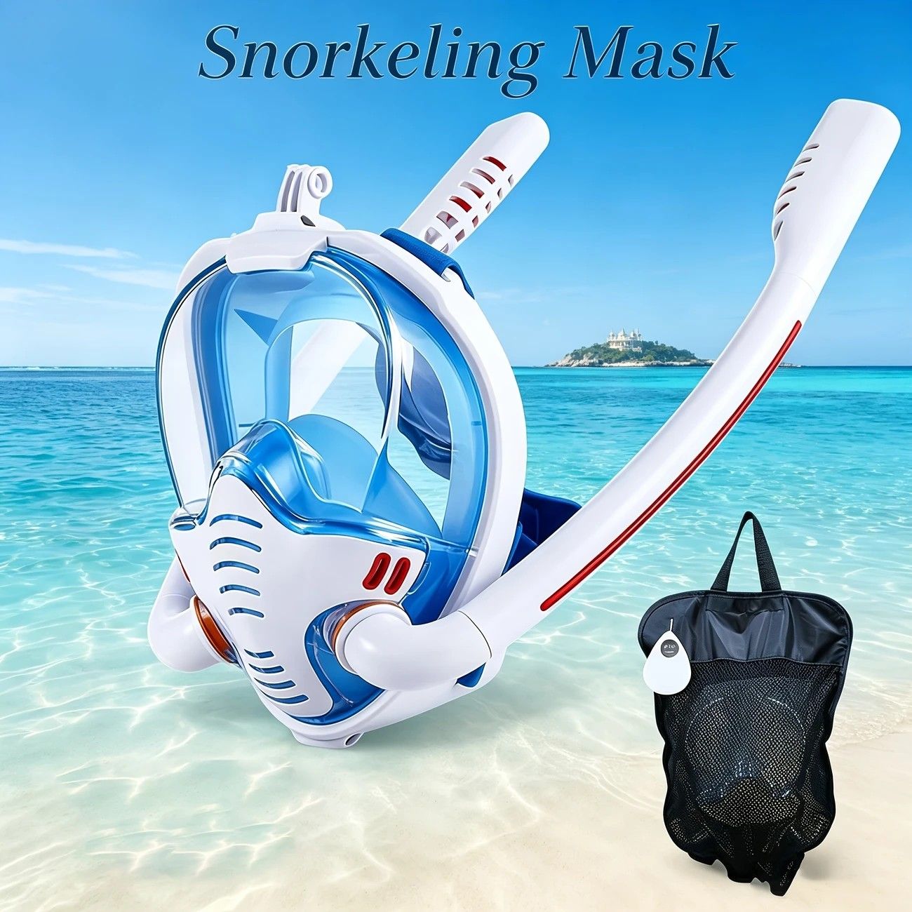 Adult Full Face Snorkel Mask Dual Tube 180° Panoramic Anti-Fog, Unisex Snorkelling Gear for Outdoor Water Sports L/XL. white+blue