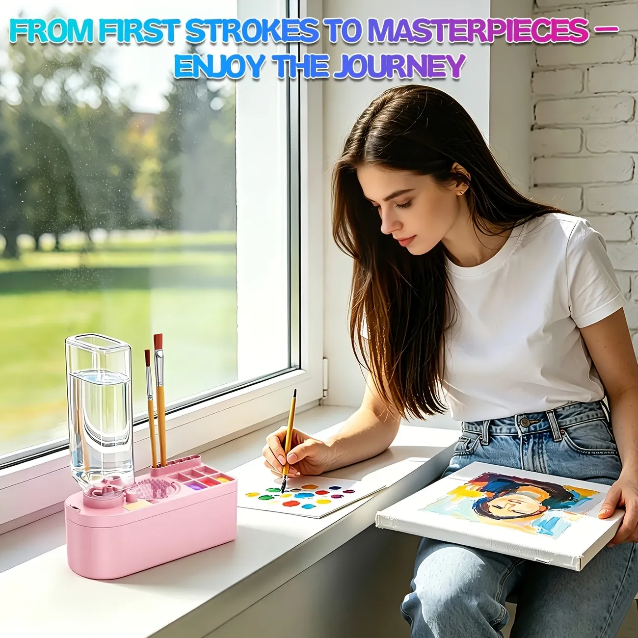 Multi-Functional All-in-One Brush Washer & Storage Box — 450ml Leak-Proof Cleaning Cup + Palette + Brush Slots, Portable & Drop-Resistant. A Must-Have for Watercolor & Acrylic Painting./PINK