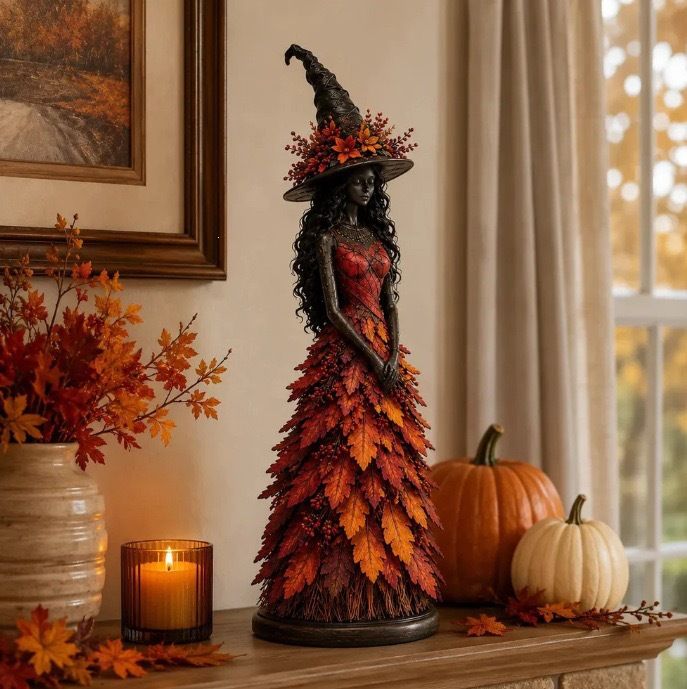 Magical Autumn Witch Resin Statue | Maple Leaf Skirt & Mysterious Pointed Hat, Exquisite Desktop Ornament, Perfect for Halloween & Thanksgiving Ambiance/orange