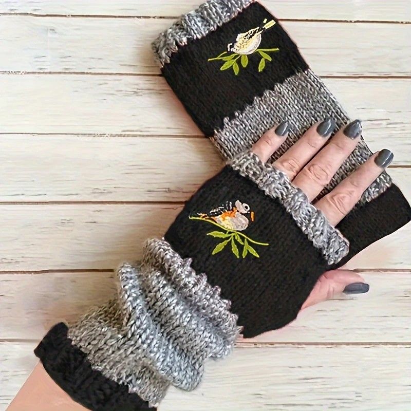 Color-Block Bird Embroidered Fingerless Knit Gloves – Warm, Flexible, Perfect for Daily Autumn/Winter Use, 8.5×22cm Stylish Practical Commute Hand-Warming Essential(black)