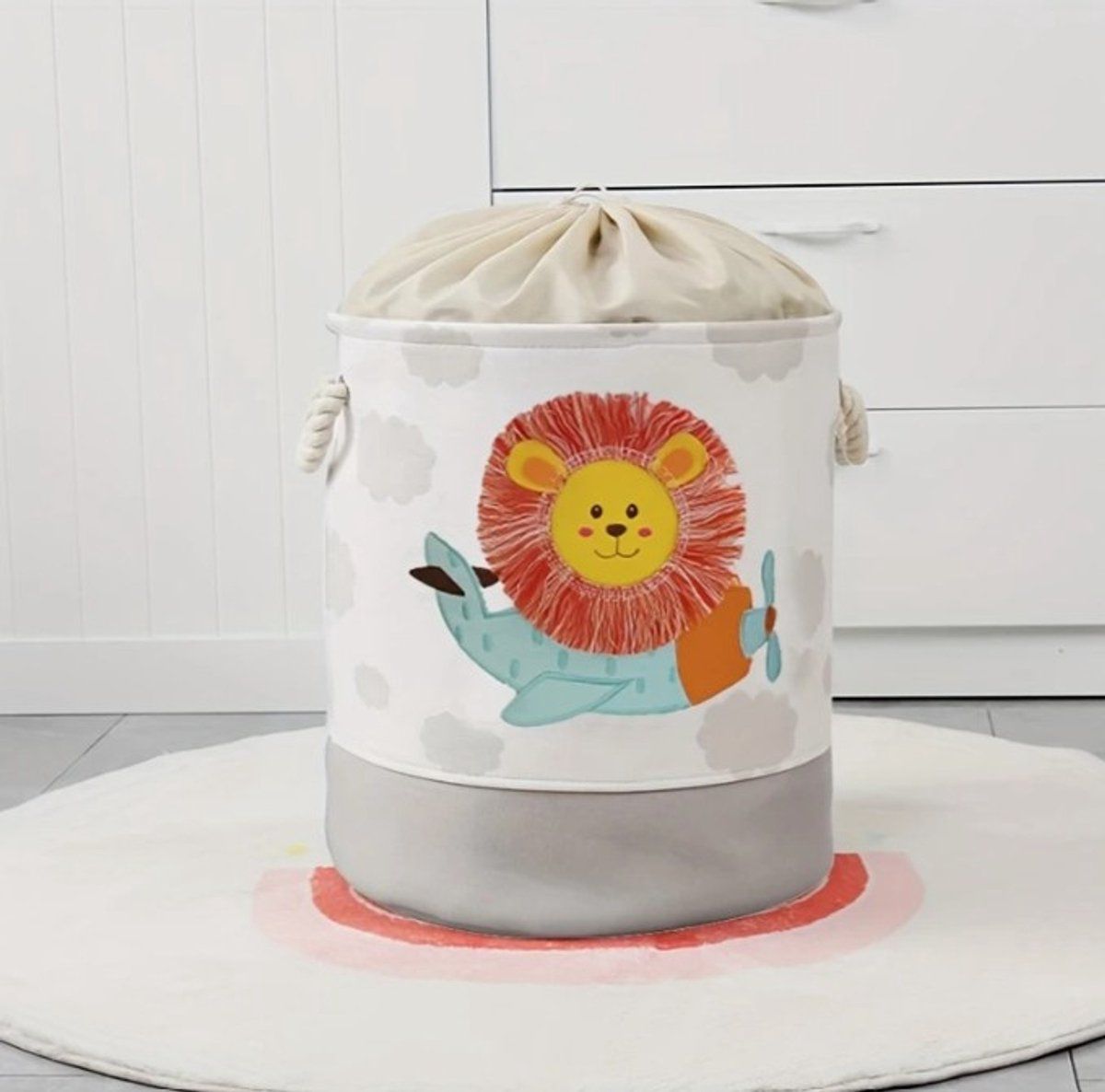 Kids Toy Storage Basket With 3D Lion, Foldable Cotton Canvas Laundry Hamper With Drawstring And Handles For Nursery, 35 x 40 cm