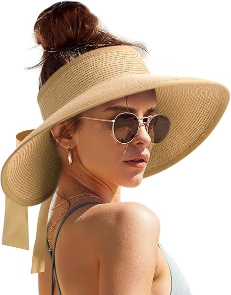 Women Straw Sun Visor Wide Brim UPF 50 Khaki