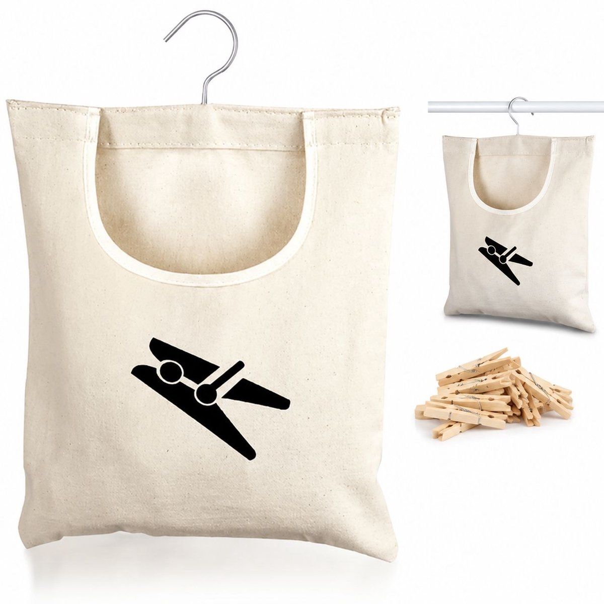 100 Clothes Pegs Capacity Canvas Clothes Peg Bag with Stainless Steel Hook for Indoor Outdoor Use, 30 x 26 cm