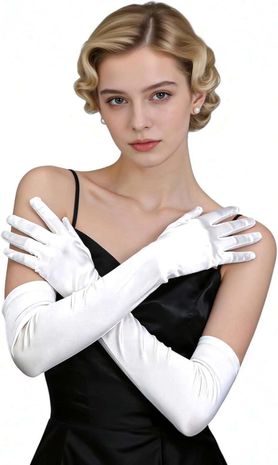 1 Pairs Women Long Gloves with Satin, White Opera Glove Elbow Length for Wedding 1920s Opera Tea Party Costumes Bridal Evening Dress up 20 Inch