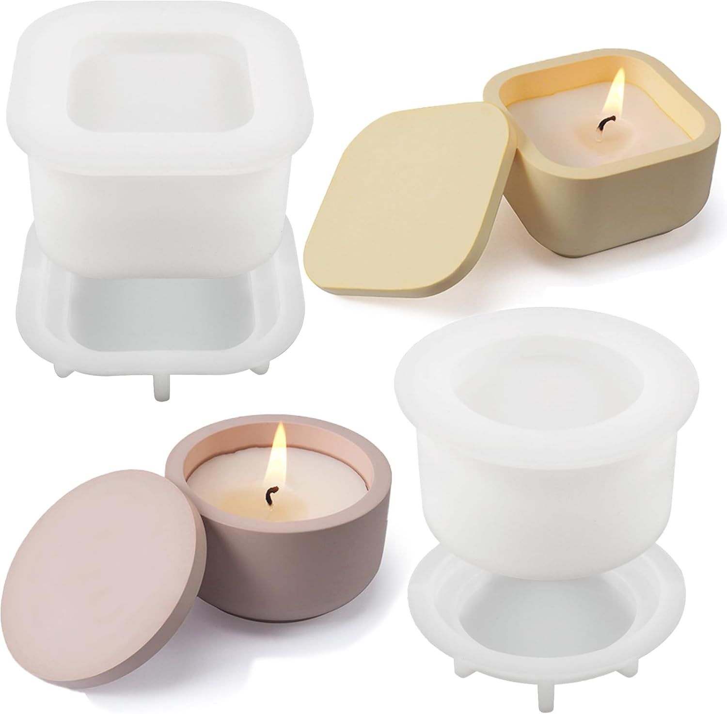 2 PCS Candle Jar Molds Silicone Concrete Mold with Lids Epoxy Resin Casting Molds for DIY Trinket Storage Container Candle Holder, Candy Jewelry Container, Craft Present Planter Making Tools
