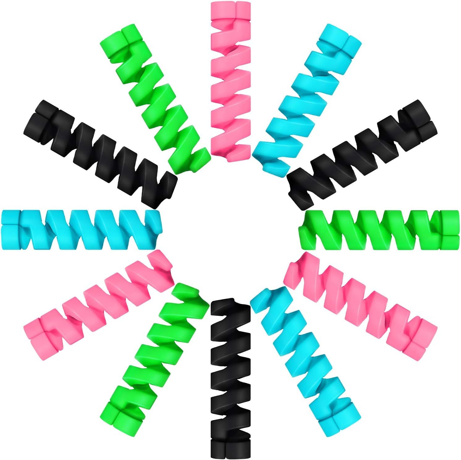 24 Pcs Charger Cable Protector,Silicone lexible Cable Saver,Spiral USB Mouse Wire Protector or Headphone Laptop Earphone Cell Phone Wrap Accessories (Black,Pink,Blue,Green)