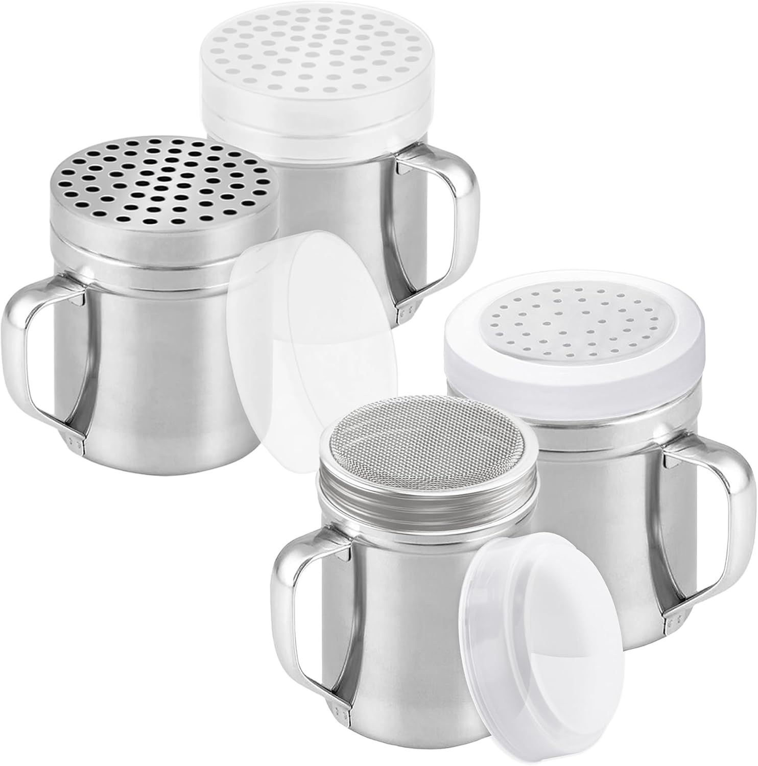 6 oz Powdered Sugar Shaker + 10 oz Salt Pepper Dredge + [2-pcs] Metal Parmesan Cheese Shakers (Large Holes) - All with Plastic Caps and Handles Bundle