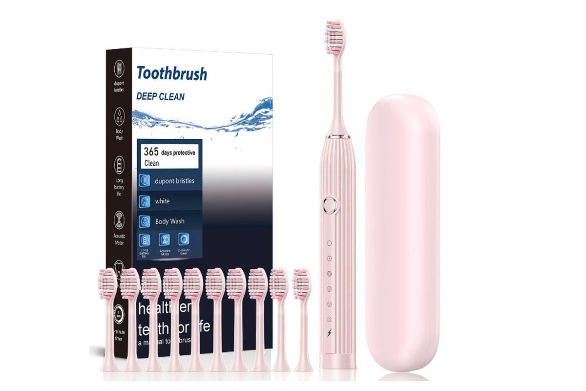Electric Toothbrush with 10 Brush Heads and Travel Case Rechargeable Toothbrush Sets -Pink