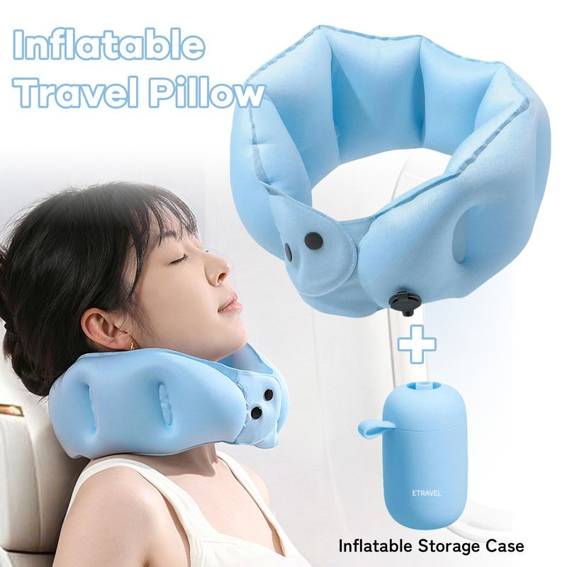 Portable Inflatable Travel Neck Pillow, Nap Pillow, Comfortable Neck Support for Long Trips, Easy to Pack for Business Trips and Travel, Foldable and Slim Travel Pillow - Blue